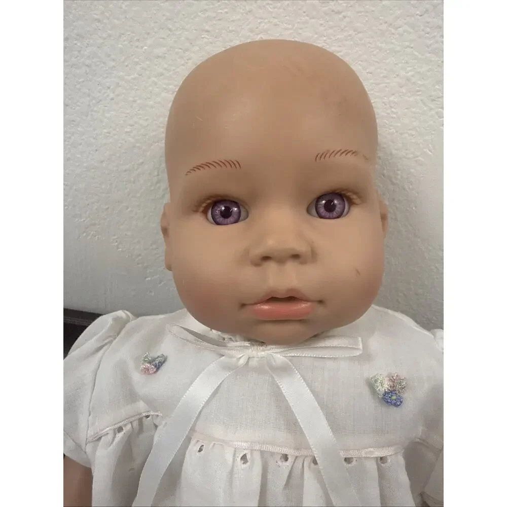 Madame Alexander 2018 Baby Doll Purple Eyes White Christening Baptism Gown Dress